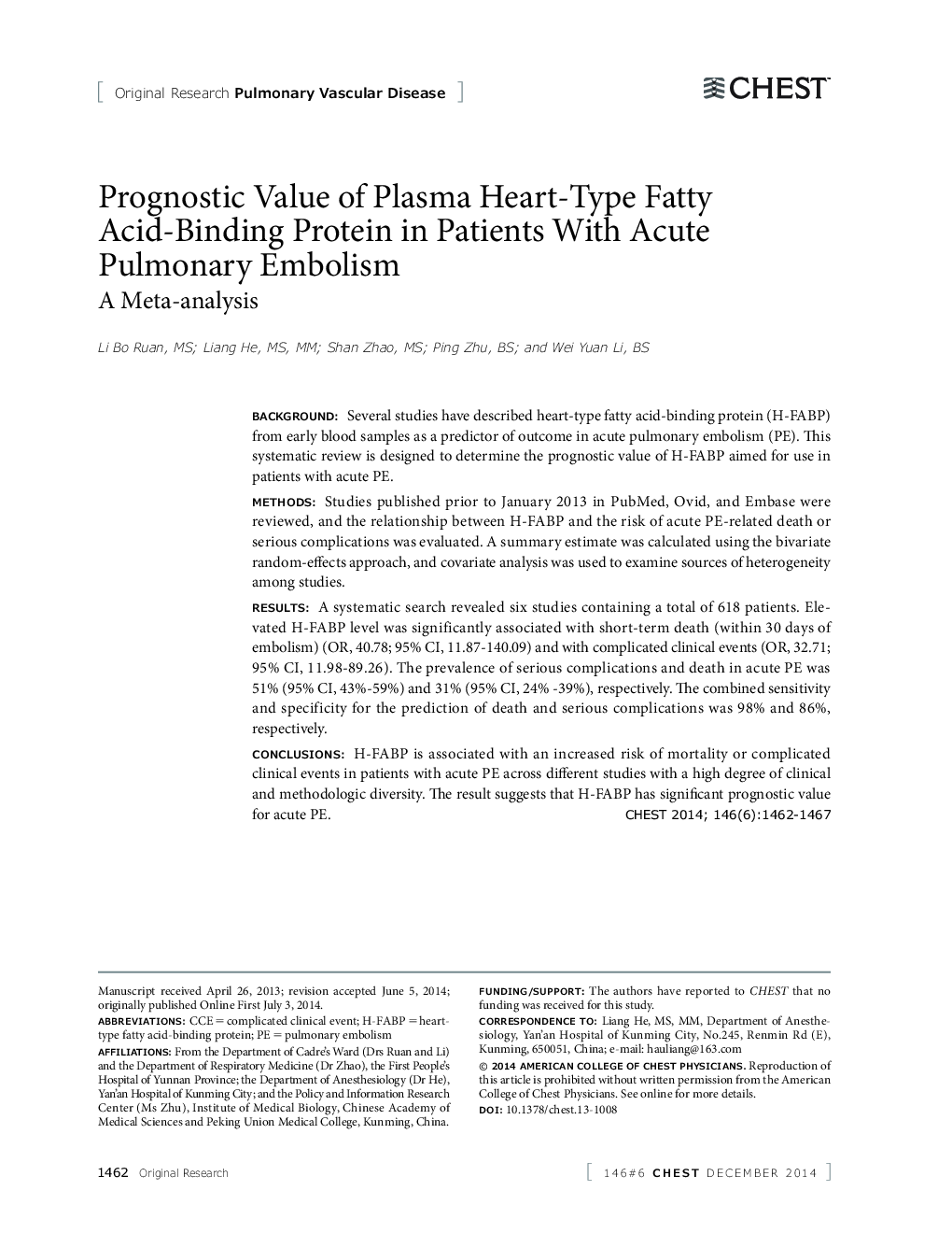 Prognostic Value of Plasma Heart-Type Fatty Acid-Binding Protein in Patients With Acute Pulmonary Embolism