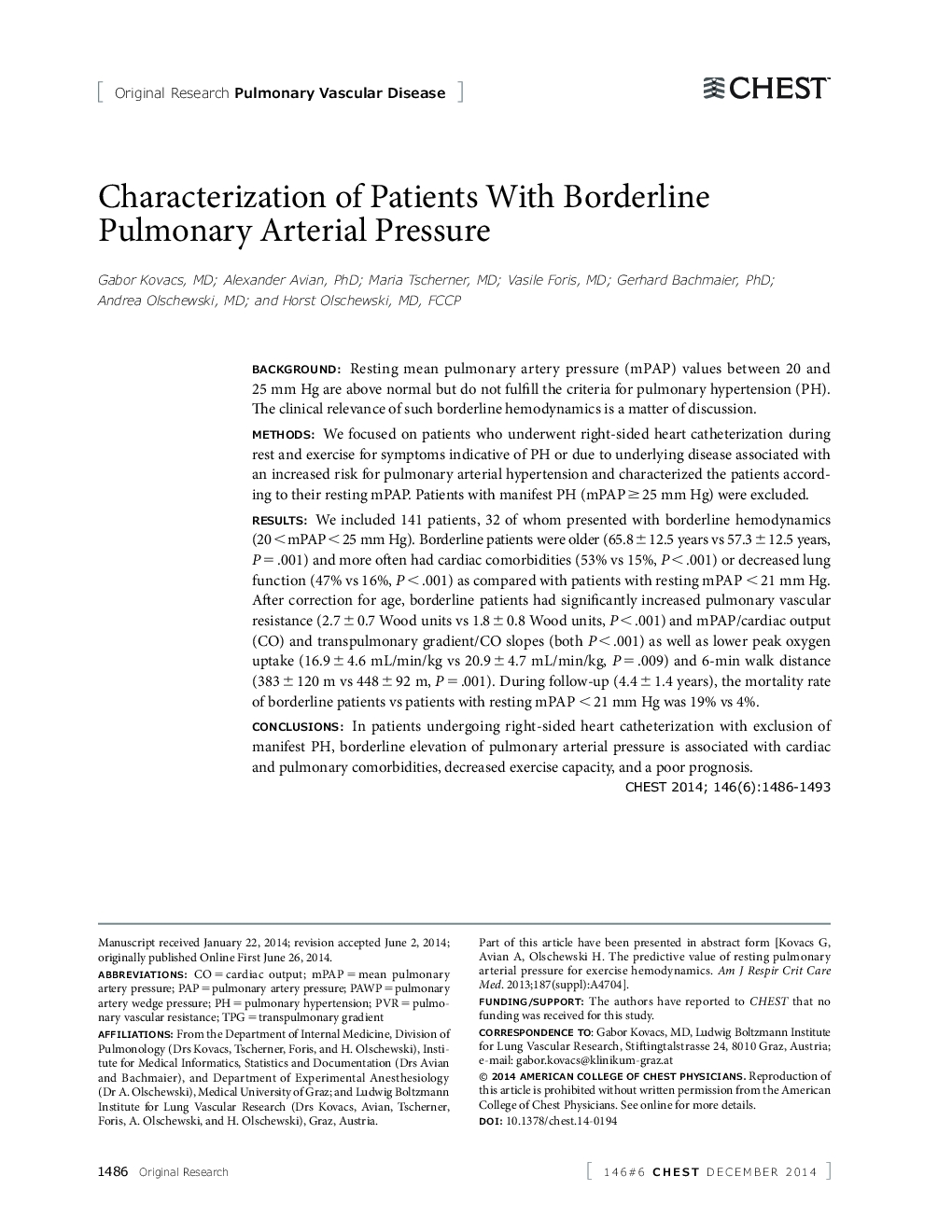Characterization of Patients With Borderline Pulmonary Arterial Pressure