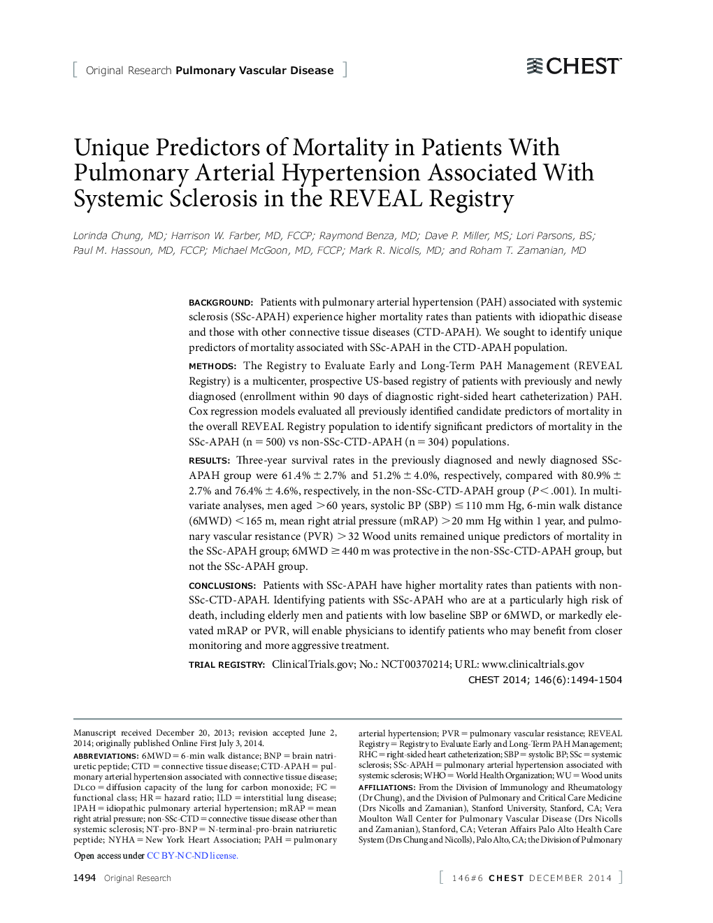 Unique Predictors of Mortality in Patients With Pulmonary Arterial Hypertension Associated With Systemic Sclerosis in the REVEAL Registry