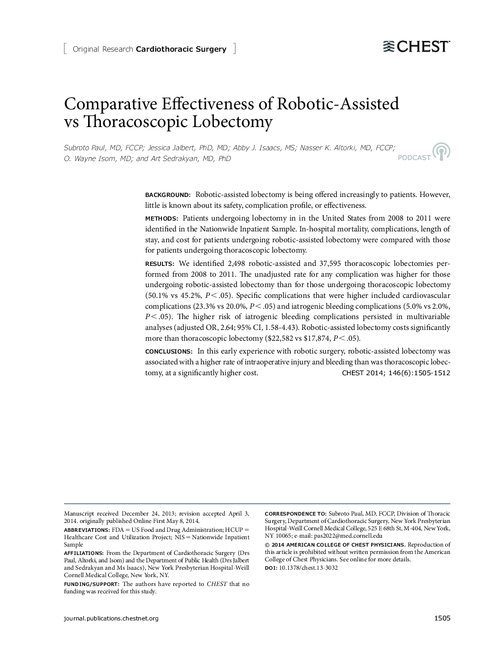 Comparative Effectiveness of Robotic-Assisted vs Thoracoscopic Lobectomy
