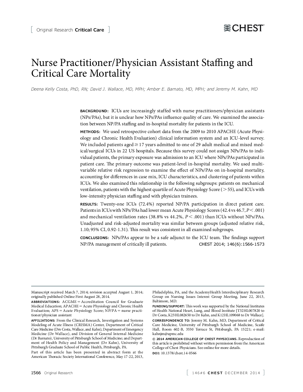 Nurse Practitioner/Physician Assistant Staffing and Critical Care Mortality