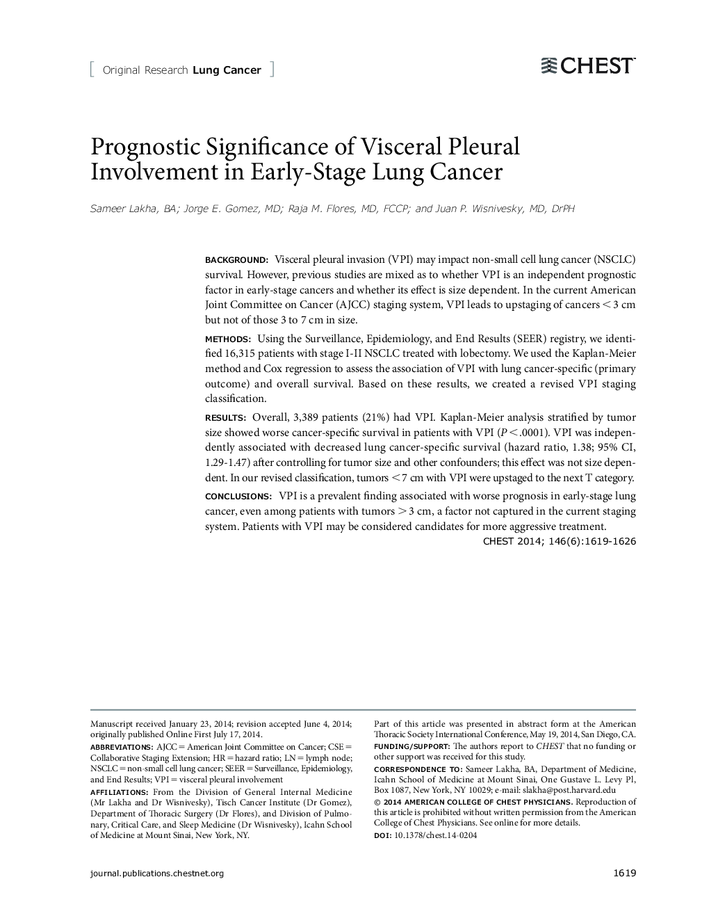 Prognostic Significance of Visceral Pleural Involvement in Early-Stage Lung Cancer