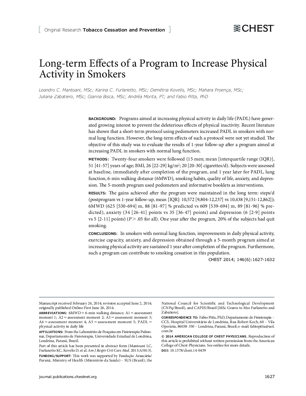 Long-term Effects of a Program to Increase Physical Activity in Smokers