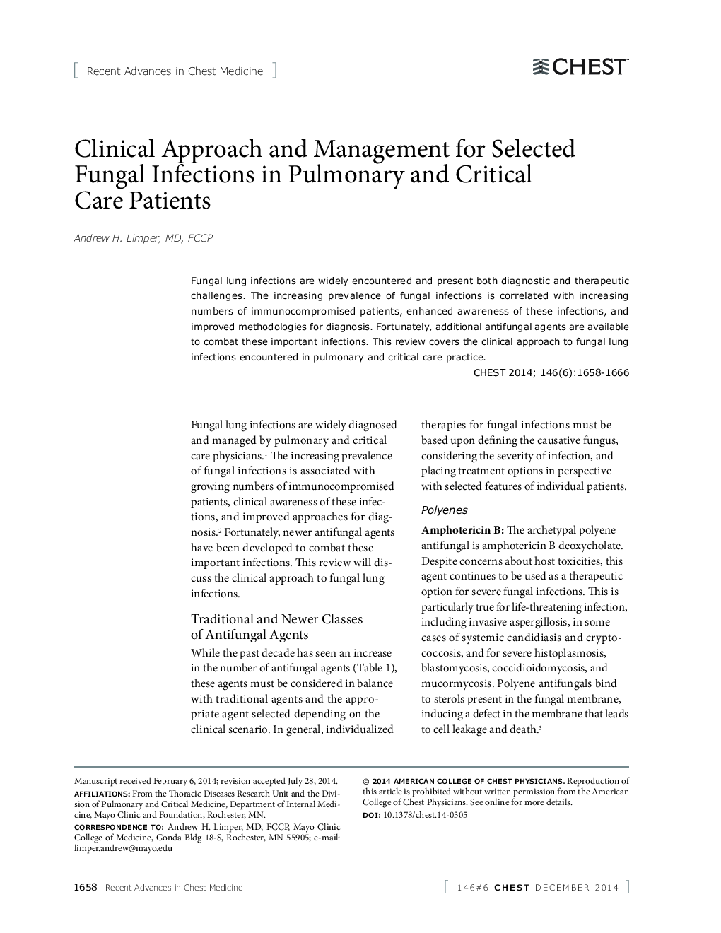Recent Advances in Chest MedicineClinical Approach and Management for Selected Fungal Infections in Pulmonary and Critical Care Patients