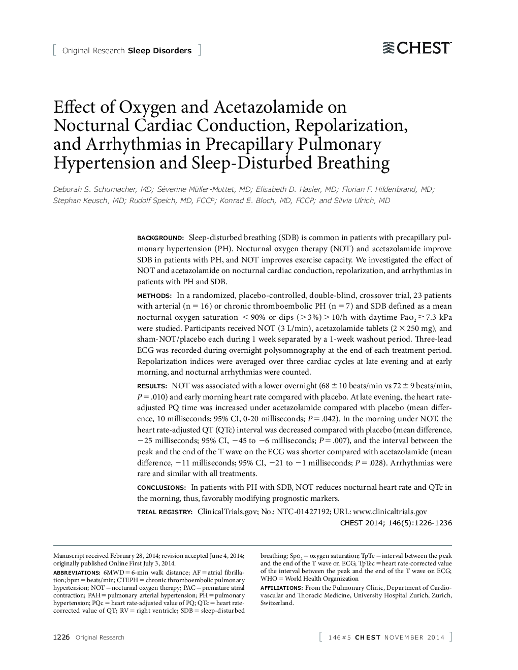 Effect of Oxygen and Acetazolamide on Nocturnal Cardiac Conduction, Repolarization, and Arrhythmias in Precapillary Pulmonary Hypertension and Sleep-Disturbed Breathing