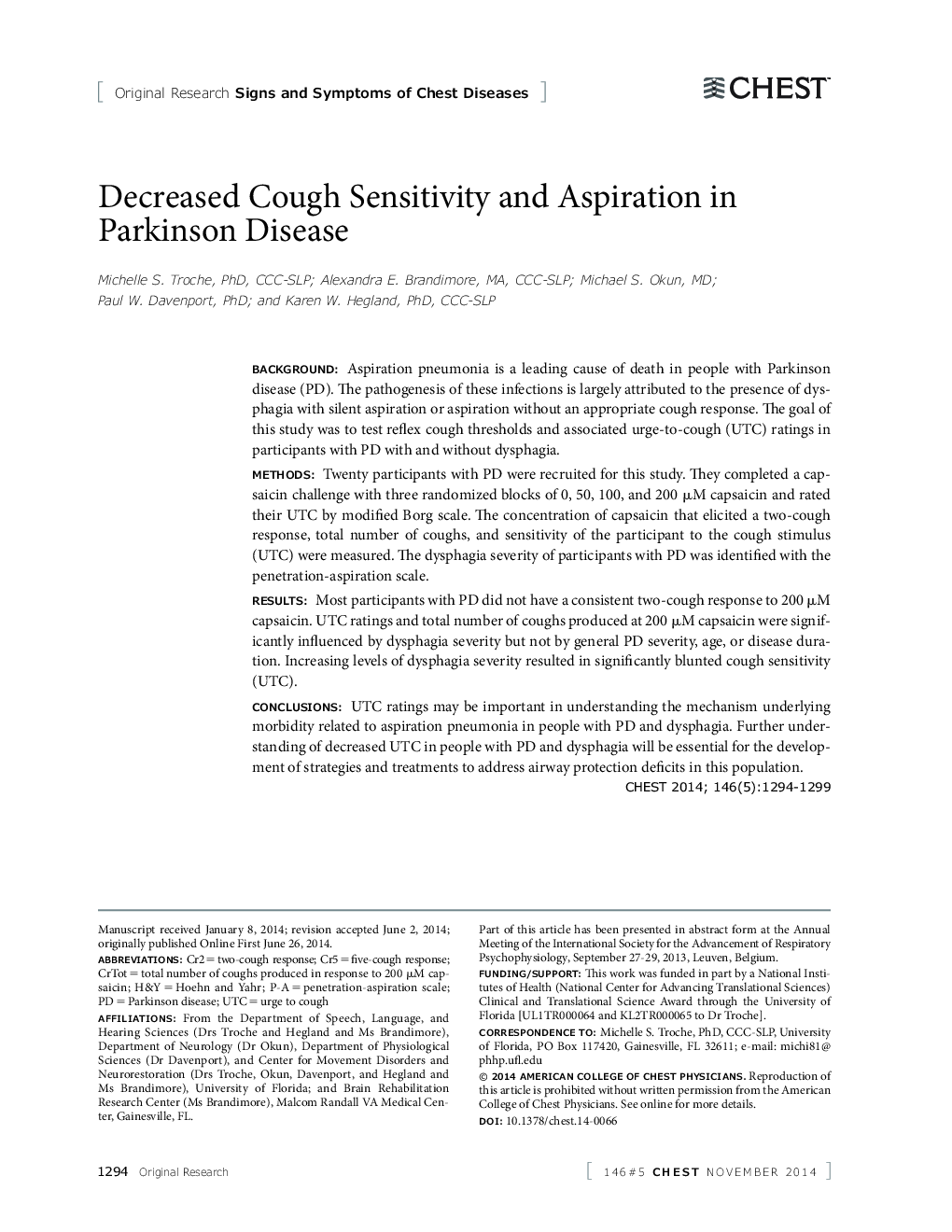 Decreased Cough Sensitivity and Aspiration in Parkinson Disease