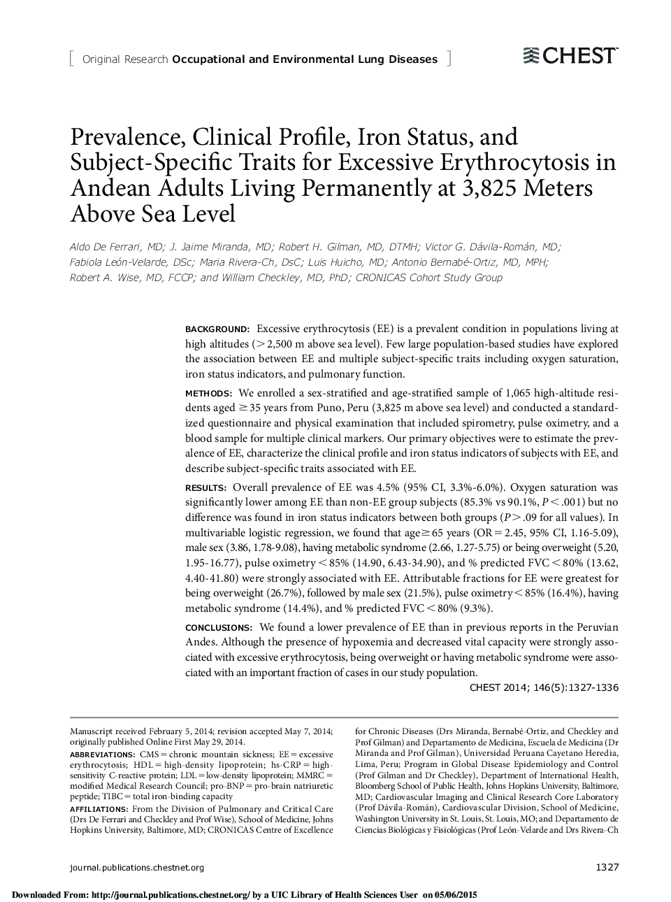Prevalence, Clinical Profile, Iron Status, and Subject-Specific Traits for Excessive Erythrocytosis in Andean Adults Living Permanently at 3,825 Meters Above Sea Level