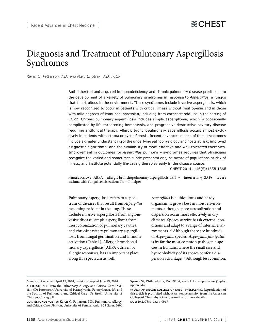 Diagnosis and Treatment of Pulmonary Aspergillosis Syndromes