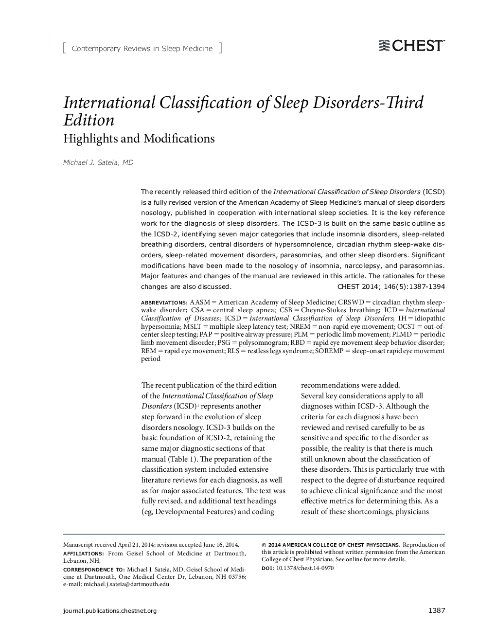 Contemporary Reviews in Sleep MedicineInternational Classification of Sleep Disorders-Third Edition