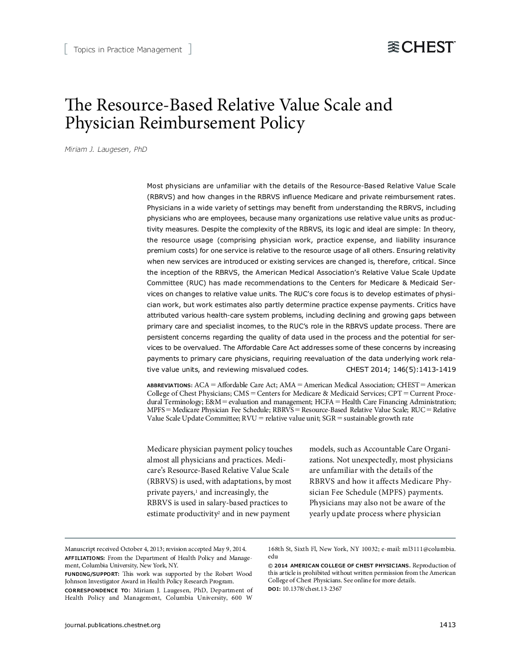 The Resource-Based Relative Value Scale and Physician Reimbursement Policy