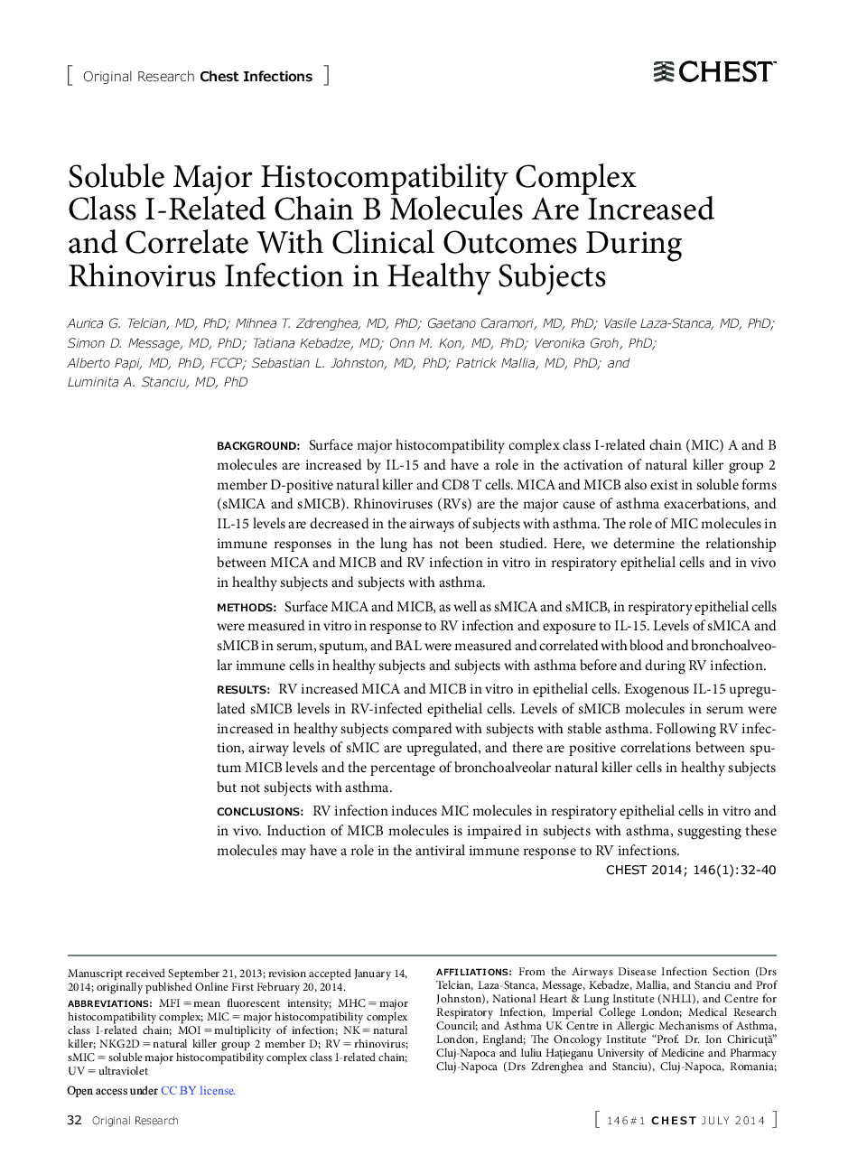 Soluble Major Histocompatibility Complex Class I-Related Chain B Molecules Are Increased and Correlate With Clinical Outcomes During Rhinovirus Infection in Healthy Subjects