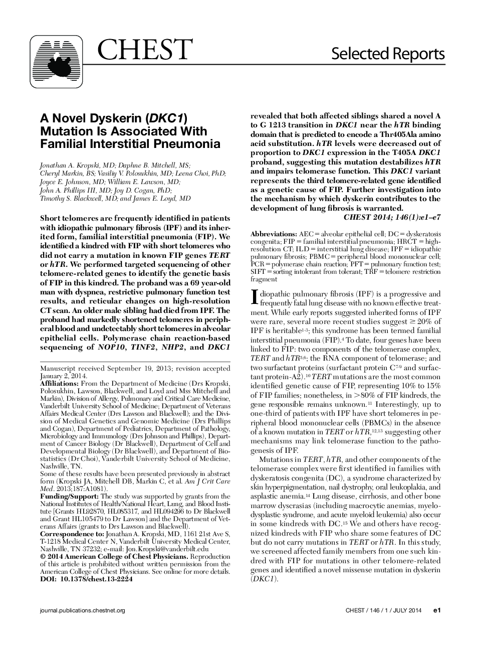A Novel Dyskerin (DKC1) Mutation Is Associated With Familial Interstitial Pneumonia