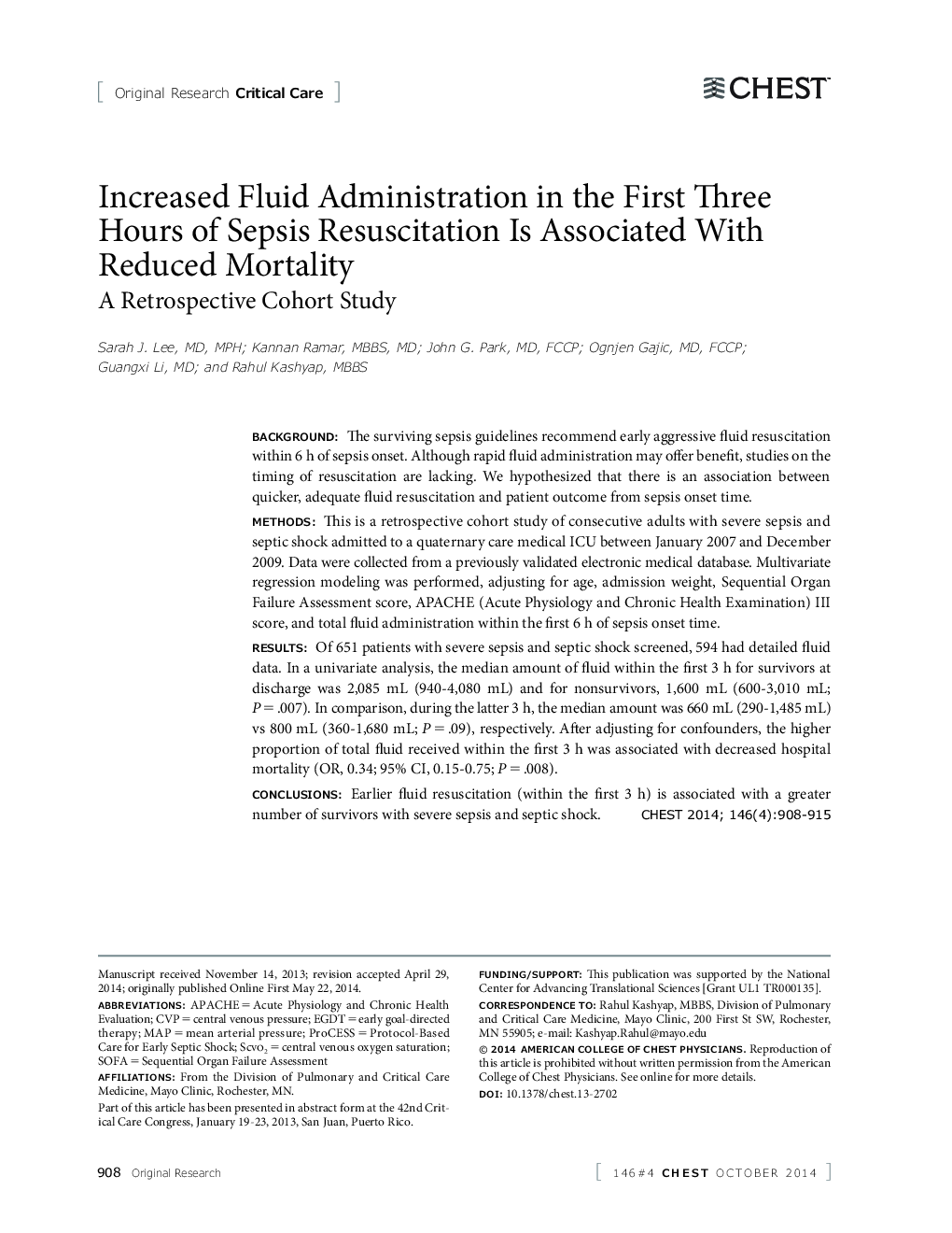 Increased Fluid Administration in the First Three Hours of Sepsis Resuscitation Is Associated With Reduced Mortality