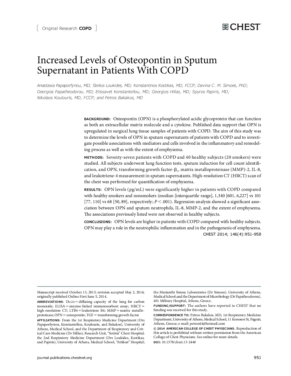 Increased Levels of Osteopontin in Sputum Supernatant in Patients With COPD