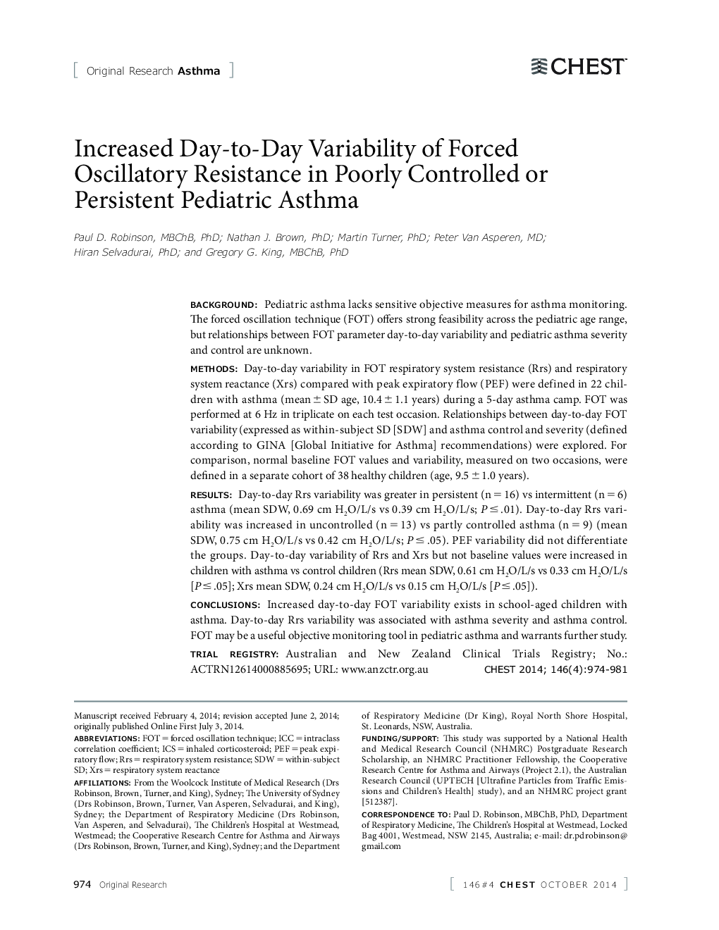 Increased Day-to-Day Variability of Forced Oscillatory Resistance in Poorly Controlled or Persistent Pediatric Asthma
