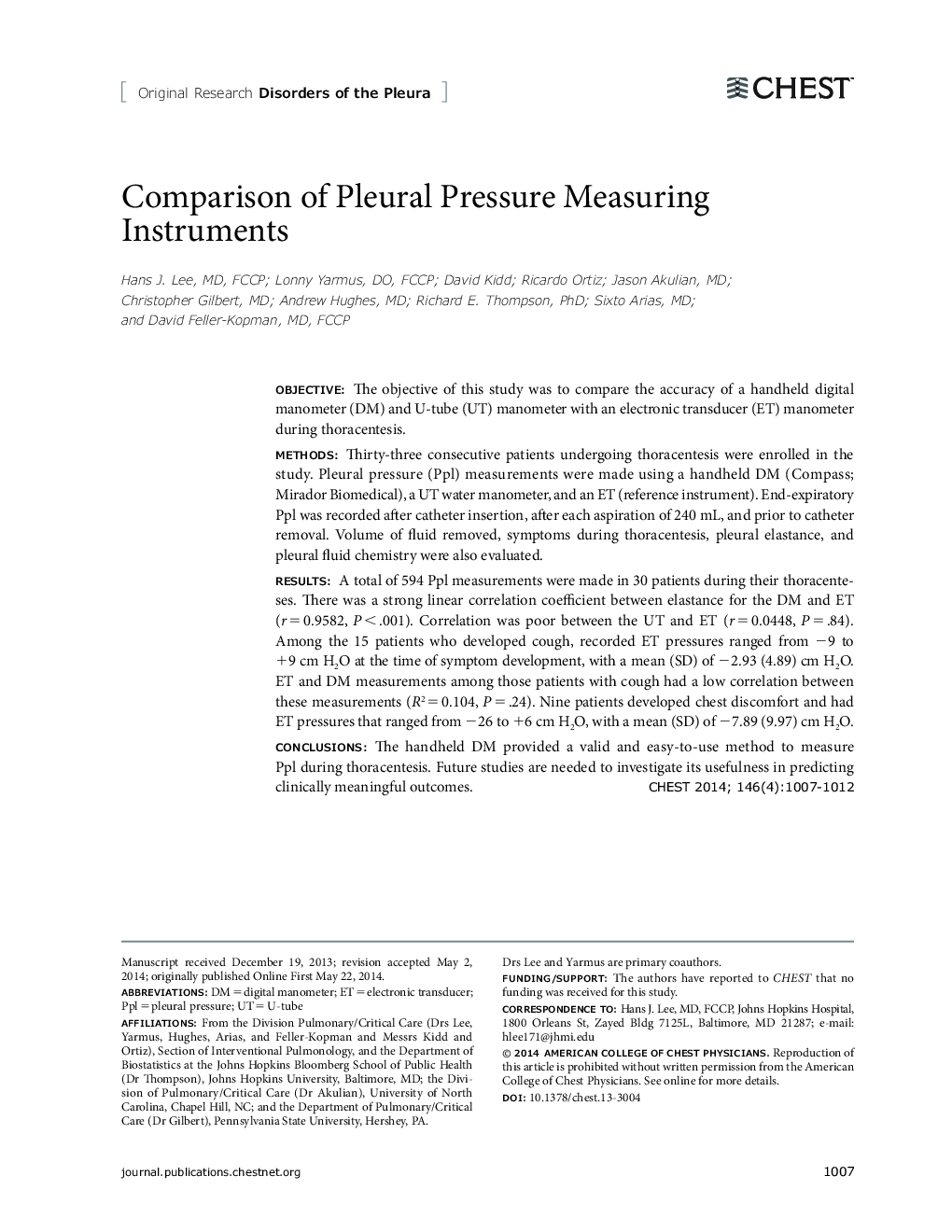 Comparison of Pleural Pressure Measuring Instruments