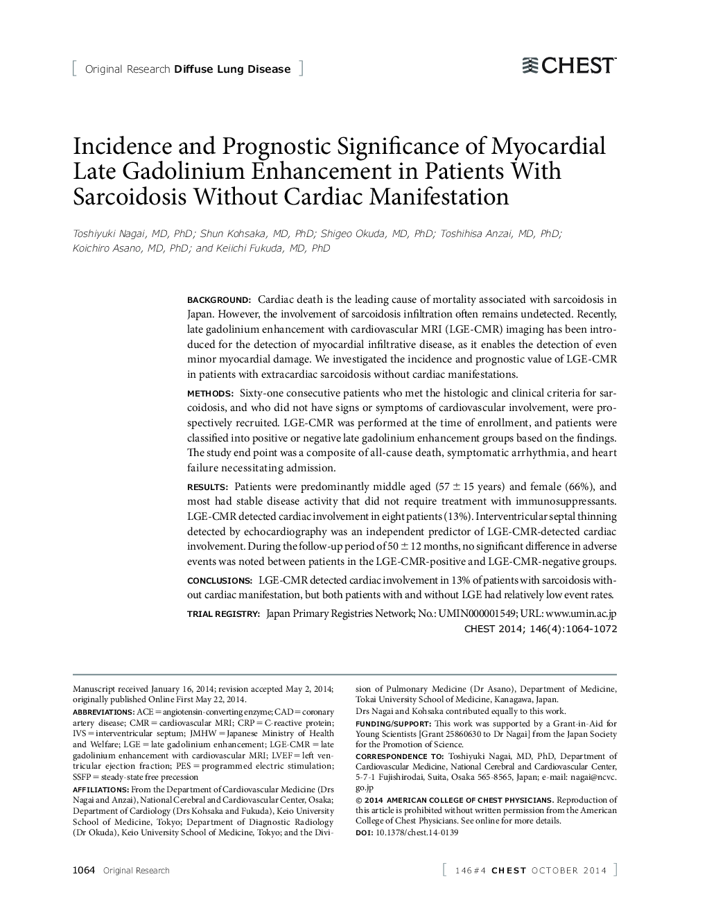 Incidence and Prognostic Significance of Myocardial Late Gadolinium Enhancement in Patients With Sarcoidosis Without Cardiac Manifestation