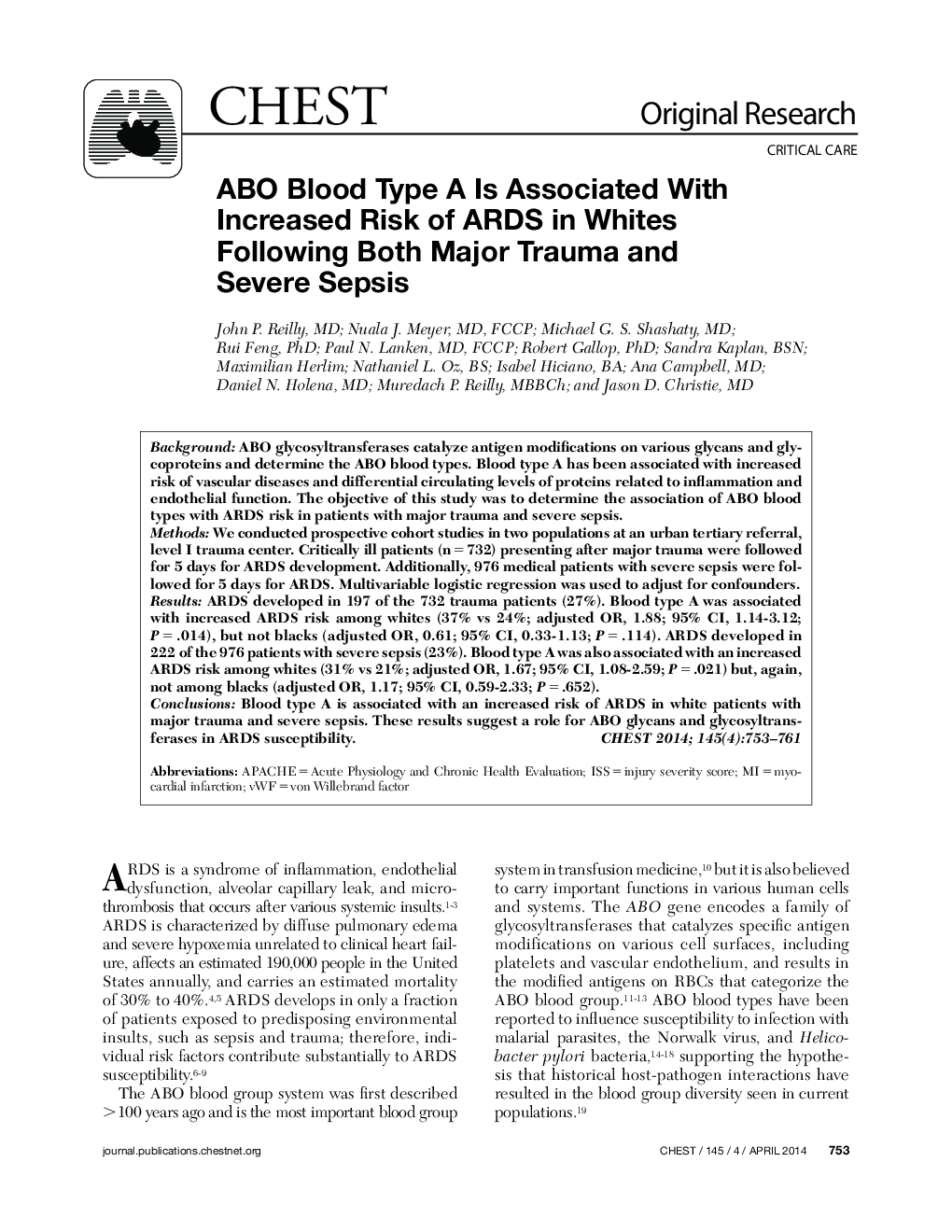 ABO Blood Type A Is Associated With Increased Risk of ARDS in Whites Following Both Major Trauma and Severe Sepsis