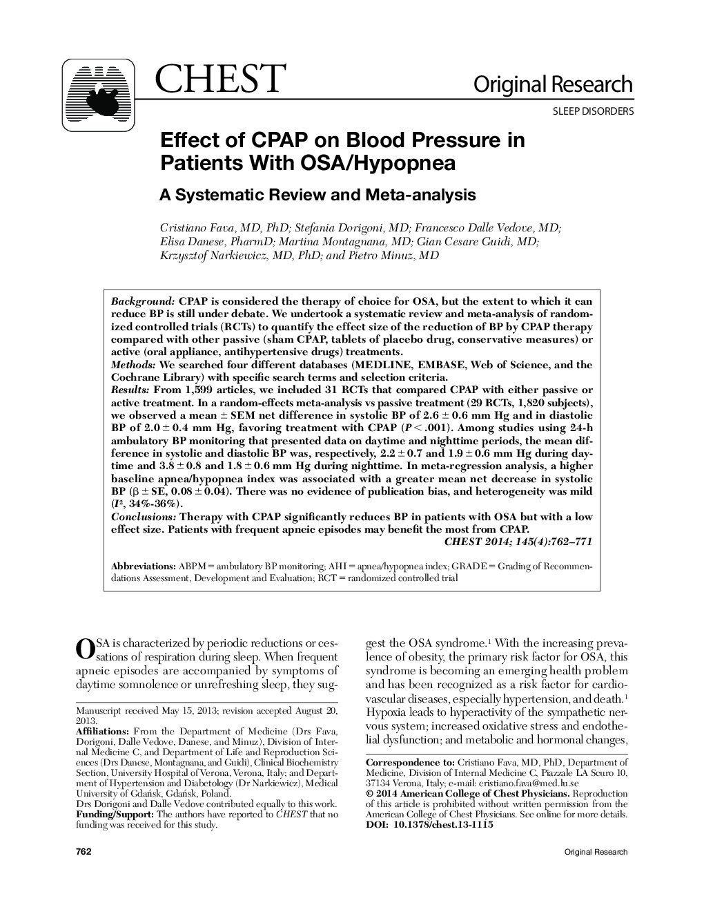 Original Research: Sleep DisordersEffect of CPAP on Blood Pressure in Patients With OSA/Hypopnea: A Systematic Review and Meta-analysis