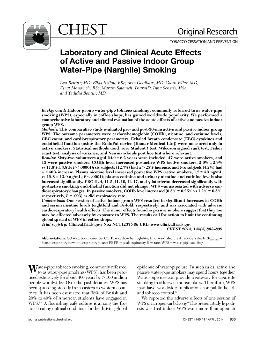 Laboratory and Clinical Acute Effects of Active and Passive Indoor Group Water-Pipe (Narghile) Smoking