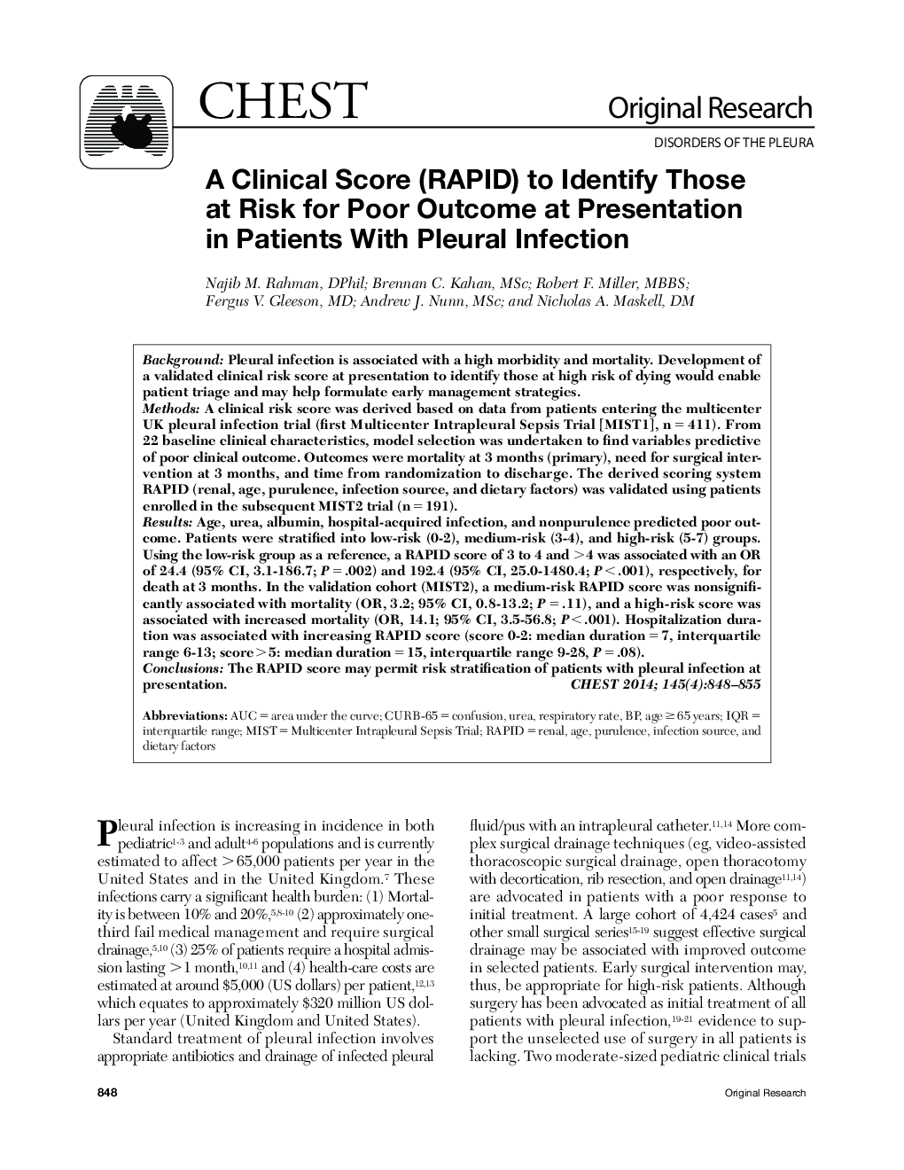 A Clinical Score (RAPID) to Identify Those at Risk for Poor Outcome at Presentation in Patients With Pleural Infection