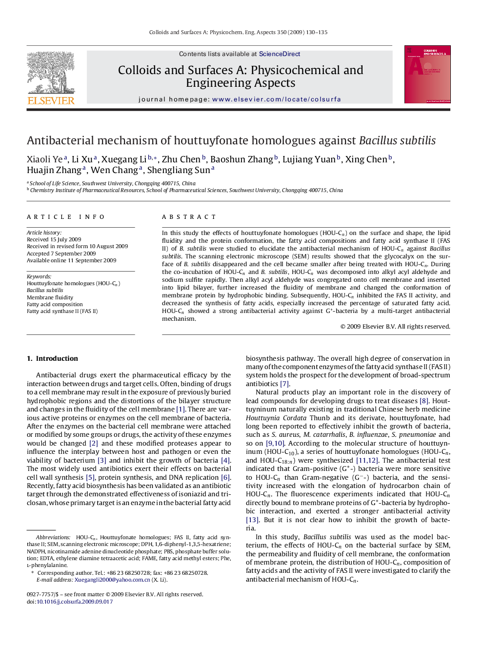 Antibacterial mechanism of houttuyfonate homologues against Bacillus subtilis