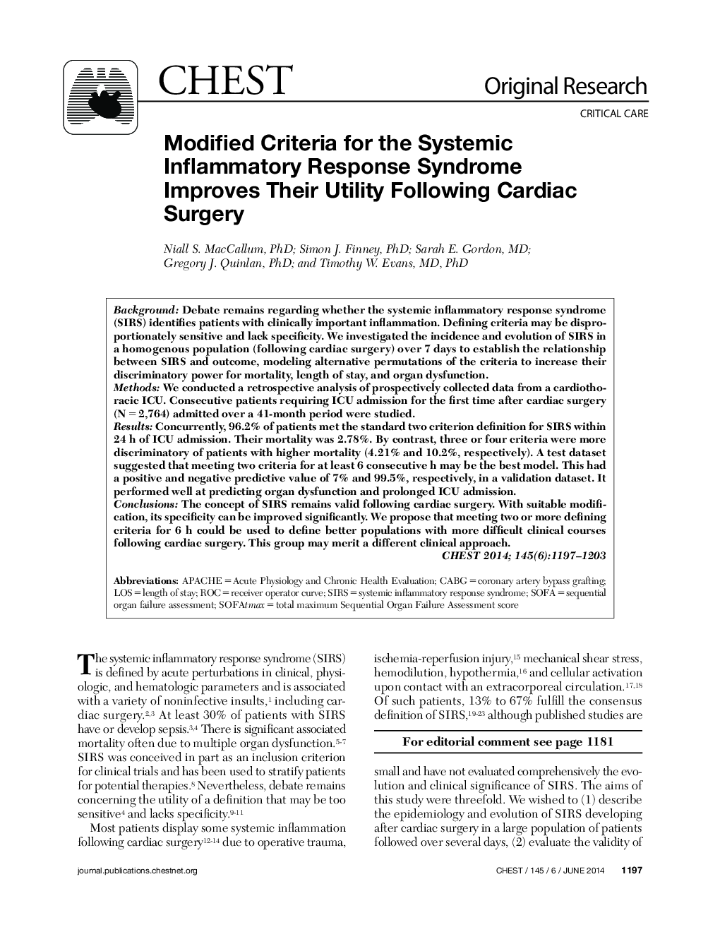 Modified Criteria for the Systemic Inflammatory Response Syndrome Improves Their Utility Following Cardiac Surgery