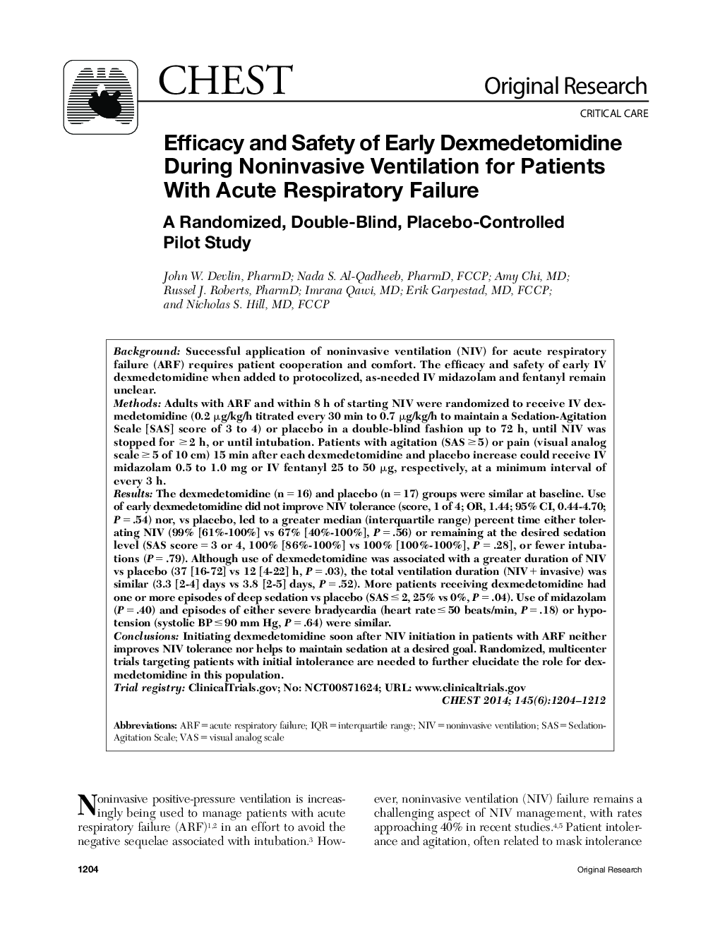Efficacy and Safety of Early Dexmedetomidine During Noninvasive Ventilation for Patients With Acute Respiratory Failure