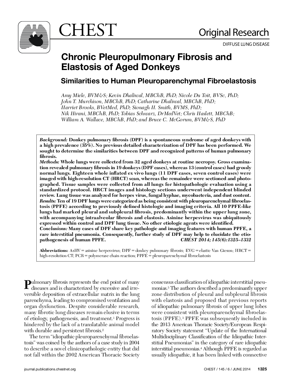 Chronic Pleuropulmonary Fibrosis and Elastosis of Aged Donkeys