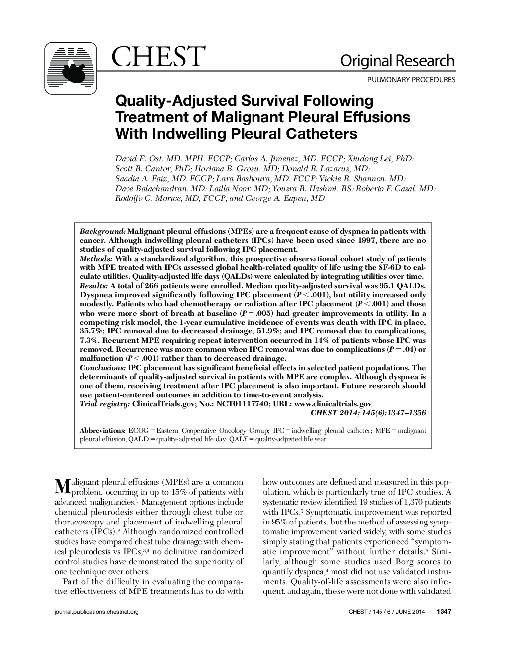 Quality-Adjusted Survival Following Treatment of Malignant Pleural Effusions With Indwelling Pleural Catheters