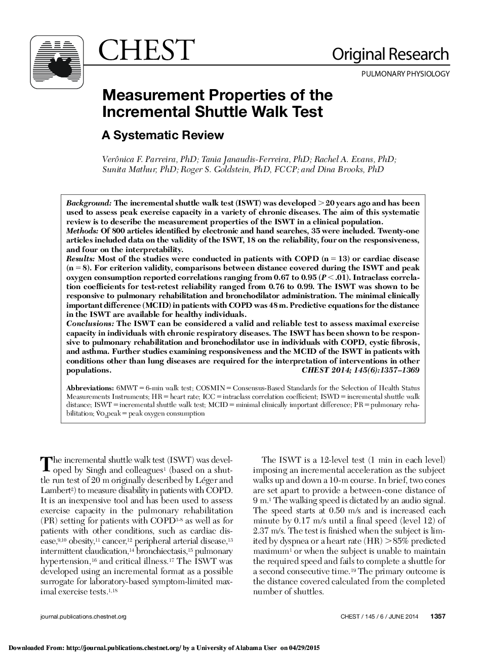 Measurement Properties of the Incremental Shuttle Walk Test