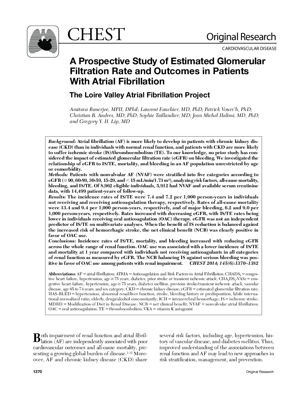 A Prospective Study of Estimated Glomerular Filtration Rate and Outcomes in Patients With Atrial Fibrillation