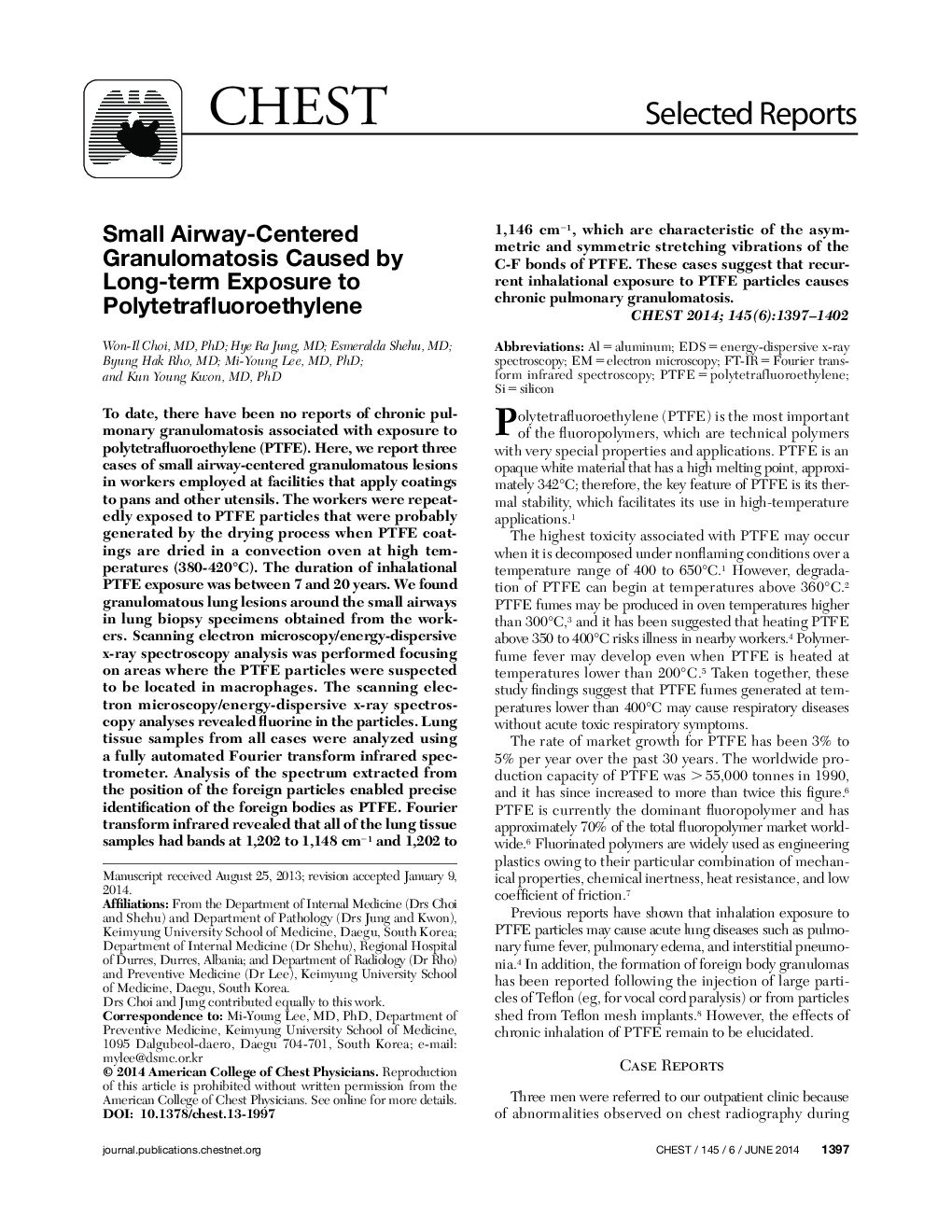 Small Airway-Centered Granulomatosis Caused by Long-term Exposure to Polytetrafluoroethylene