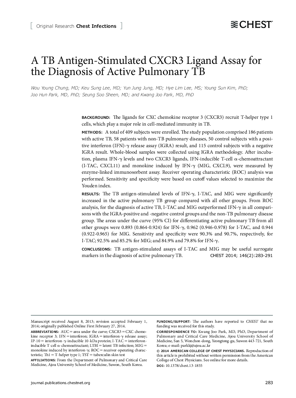 A TB Antigen-Stimulated CXCR3 Ligand Assay for the Diagnosis of Active Pulmonary TB