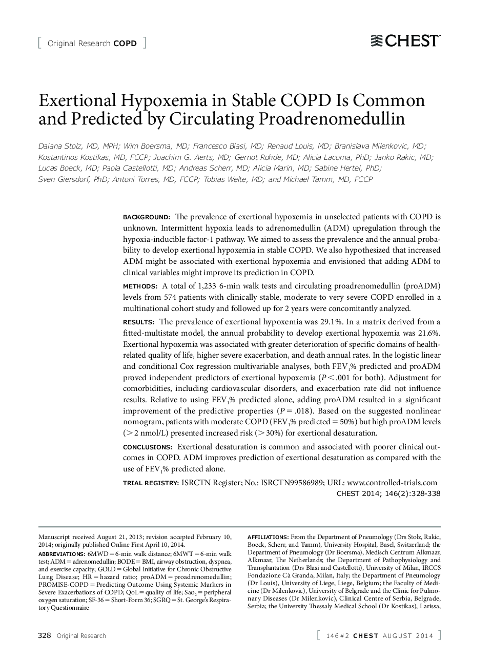 Exertional Hypoxemia in Stable COPD Is Common and Predicted by Circulating Proadrenomedullin