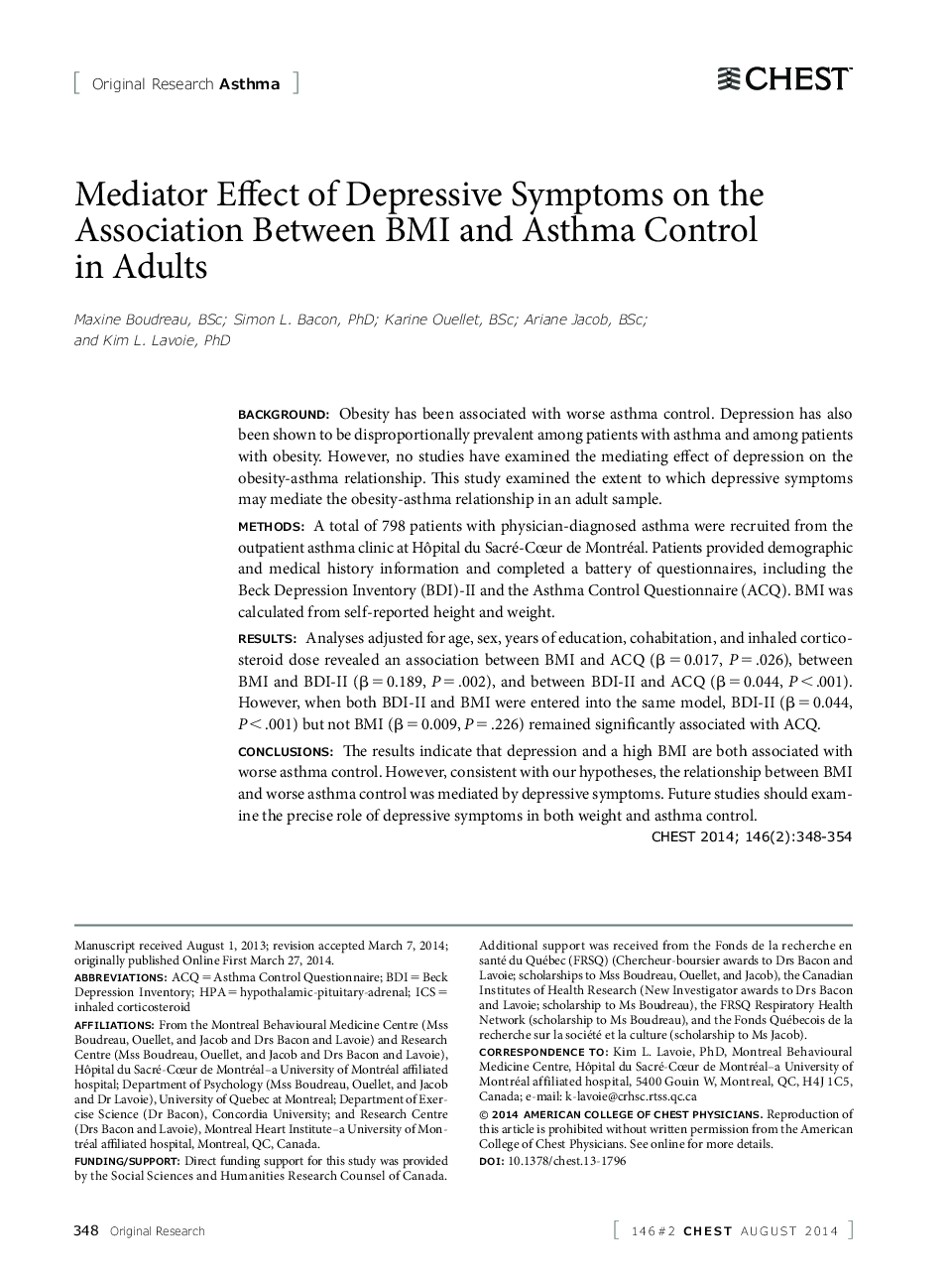 Original ResearchAsthmaMediator Effect of Depressive Symptoms on the Association Between BMI and Asthma Control in Adults