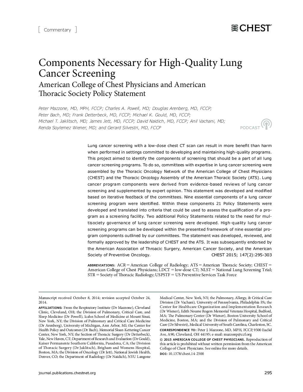 Components Necessary for High-Quality Lung Cancer Screening