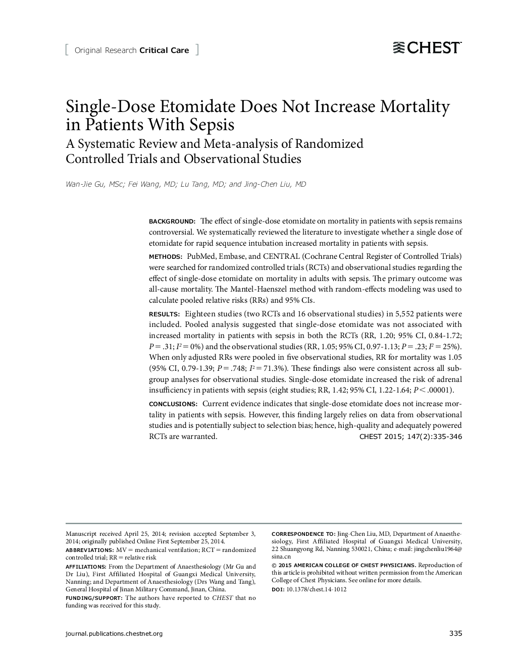 Single-Dose Etomidate Does Not Increase Mortality in Patients With Sepsis