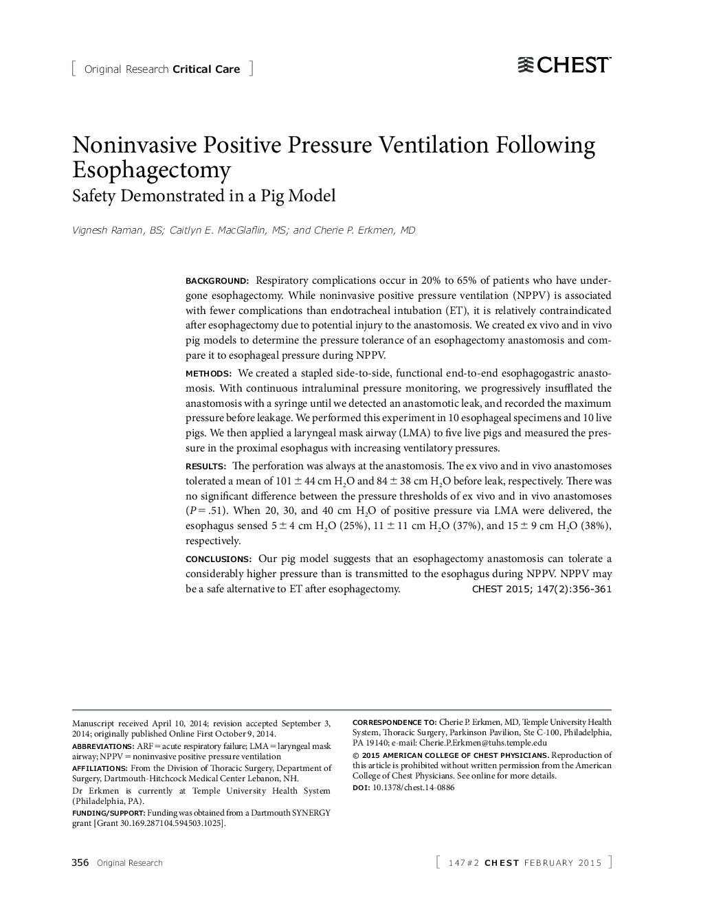 Noninvasive Positive Pressure Ventilation Following Esophagectomy