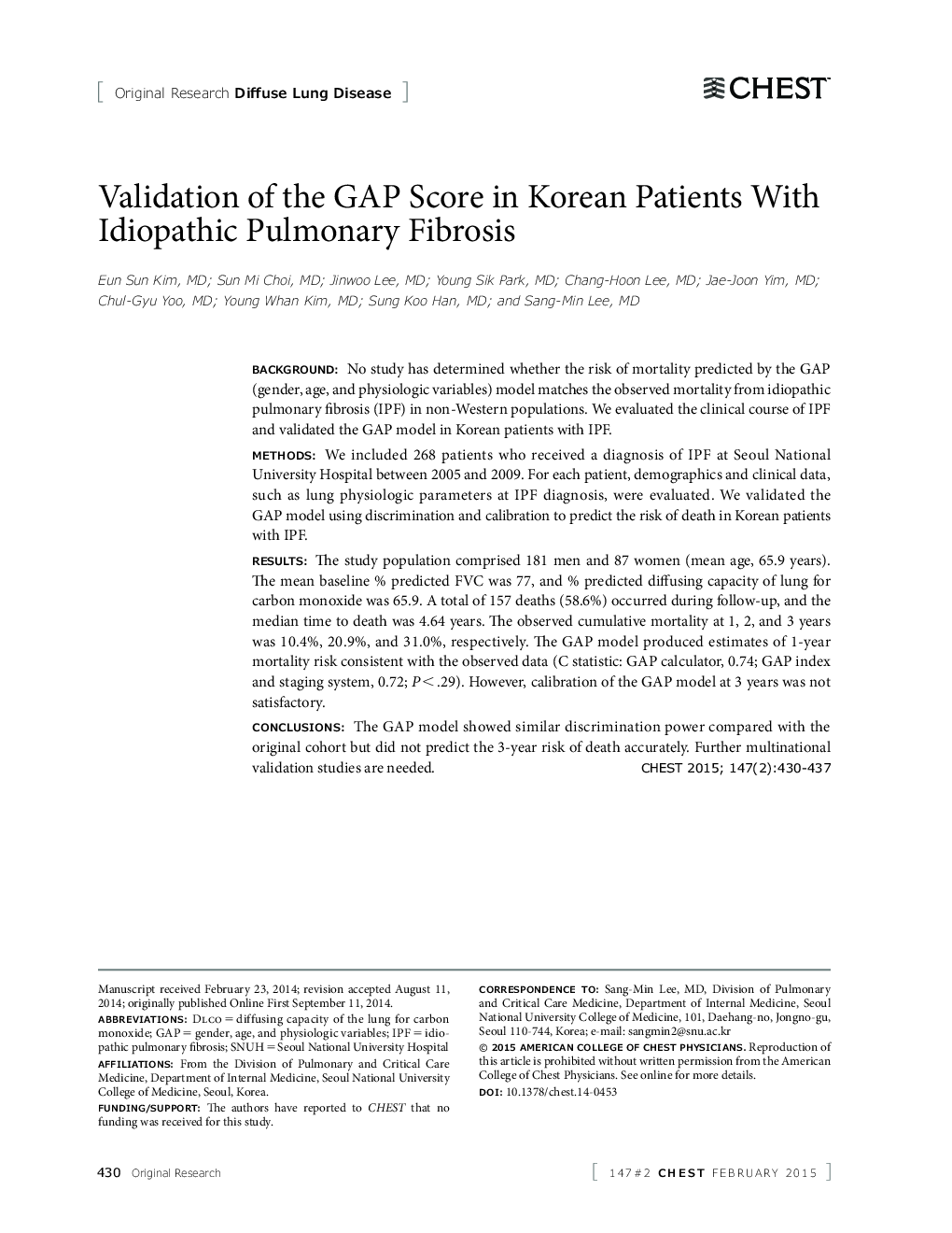 Validation of the GAP Score in Korean Patients With Idiopathic Pulmonary Fibrosis