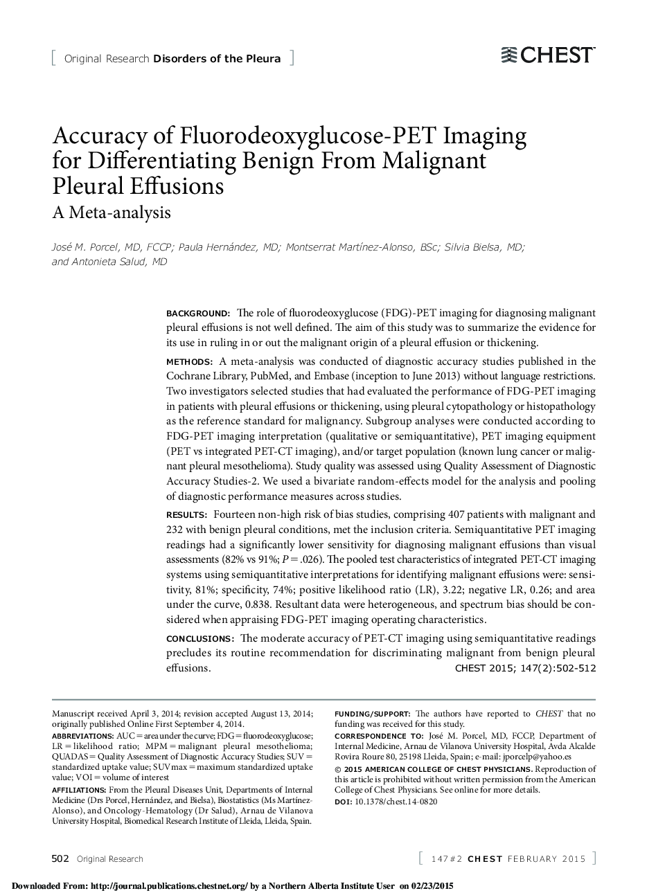 Accuracy of Fluorodeoxyglucose-PET Imaging for Differentiating Benign From Malignant Pleural Effusions