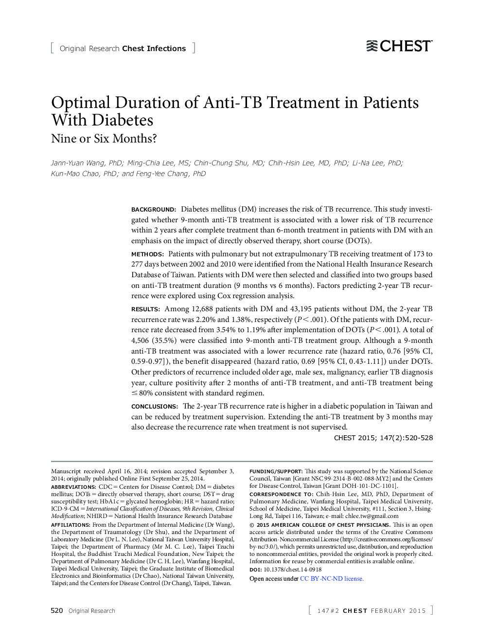 Optimal Duration of Anti-TB Treatment in Patients With Diabetes