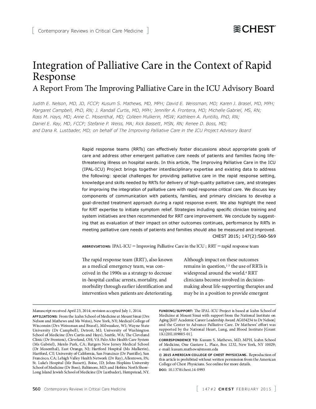 Integration of Palliative Care in the Context of Rapid Response