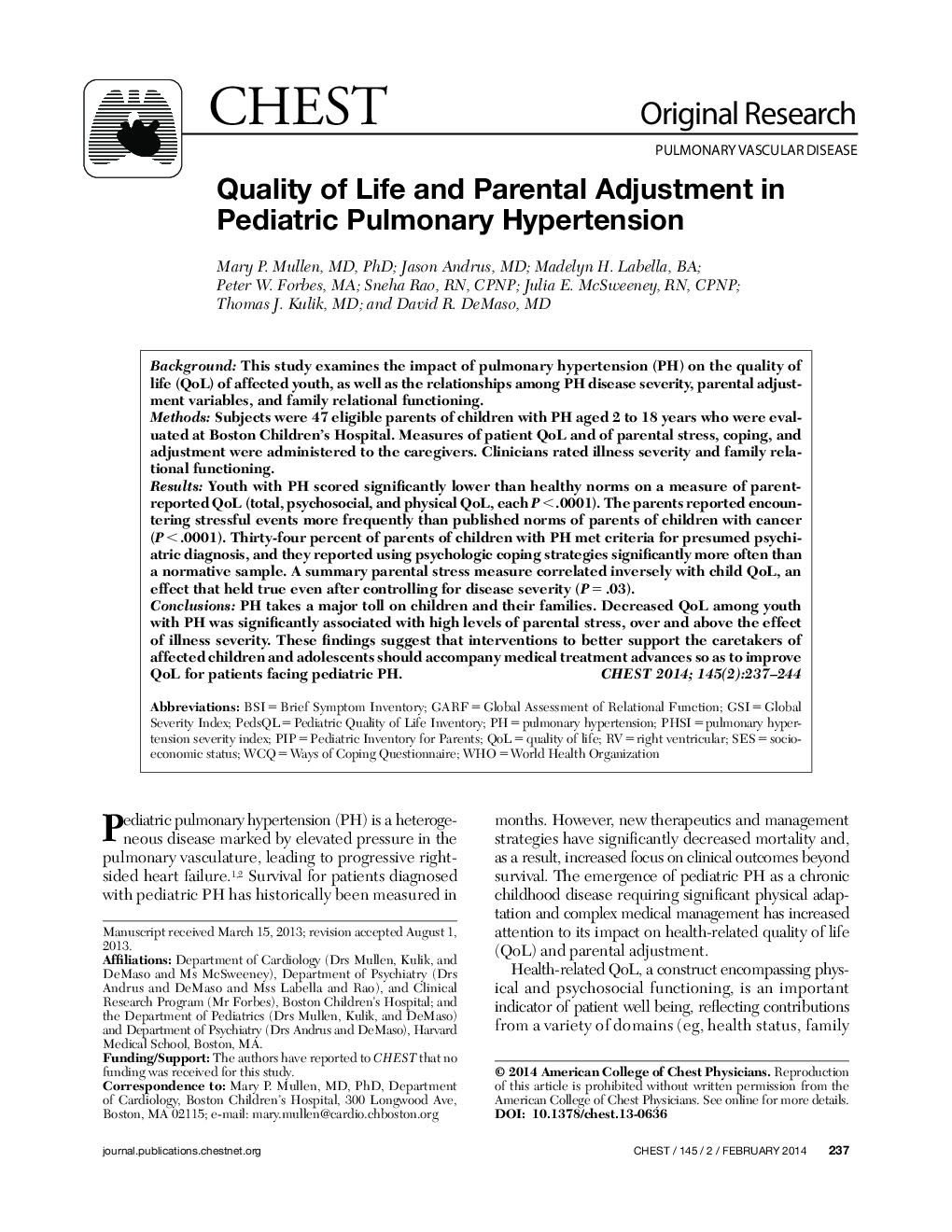 Quality of Life and Parental Adjustment in Pediatric Pulmonary Hypertension