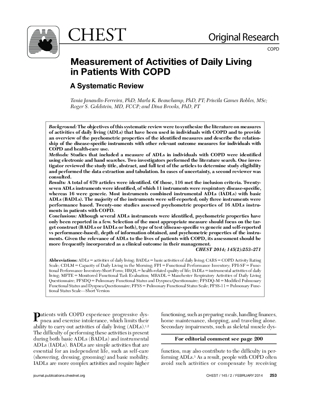 Measurement of Activities of Daily Living in Patients With COPD