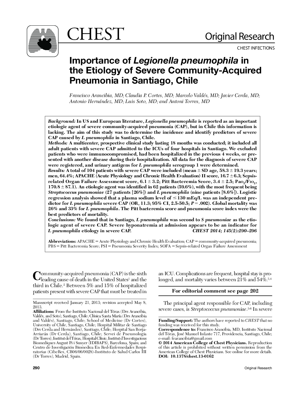 Importance of Legionella pneumophila in the Etiology of Severe Community-Acquired Pneumonia in Santiago, Chile