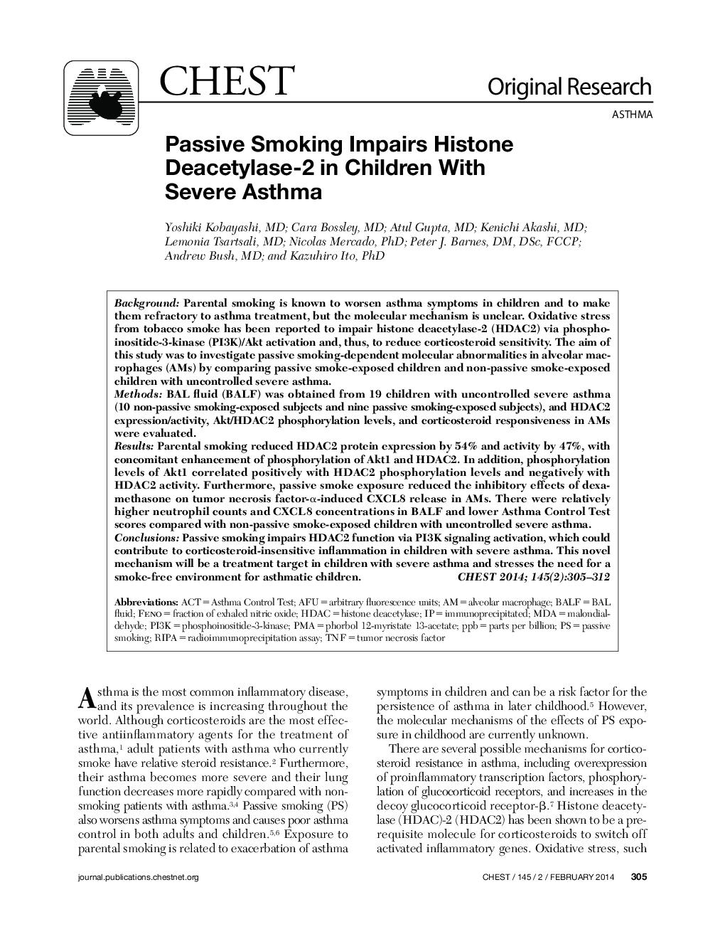 Passive Smoking Impairs Histone Deacetylase-2 in Children With Severe Asthma
