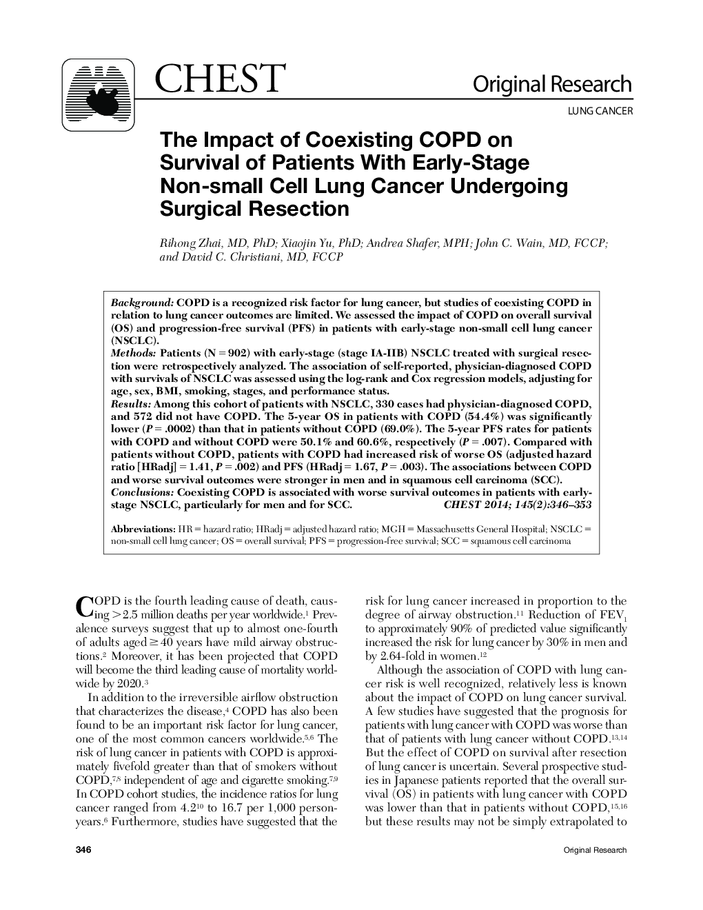 The Impact of Coexisting COPD on Survival of Patients With Early-Stage Non-small Cell Lung Cancer Undergoing Surgical Resection