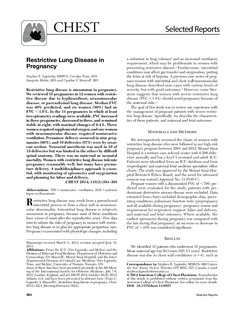 Selected ReportsRestrictive Lung Disease in Pregnancy