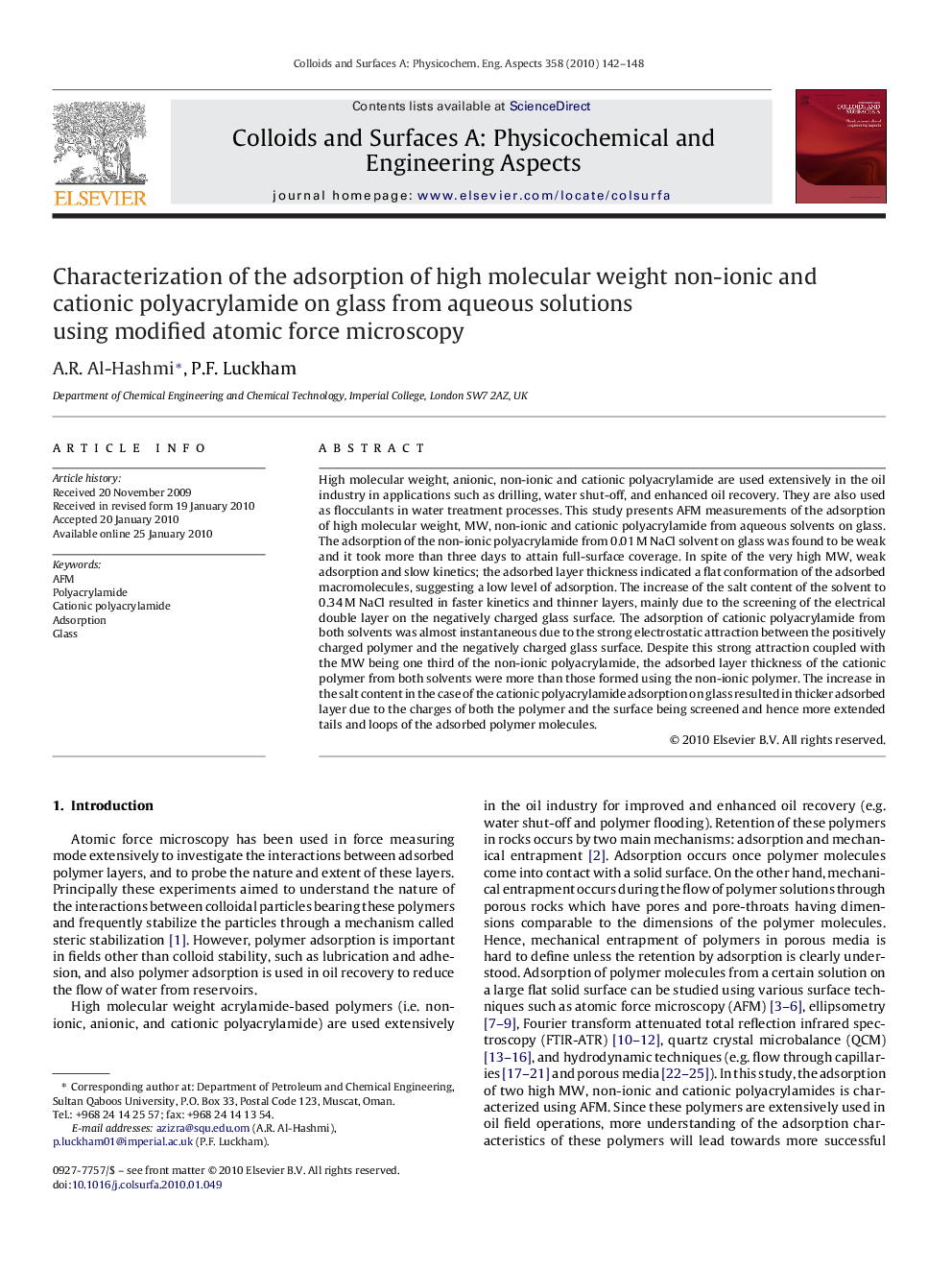 عکس صفحه اول مقاله: Characterization of the adsorption of high molecular weight non-ionic and cationic polyacrylamide on glass from aqueous solutions using modified atomic force microscopy Characterization of the adsorption of high molecular weight non-ionic and cationic polyacrylamide on glass from aqueous solutions using modified atomic force microscopy